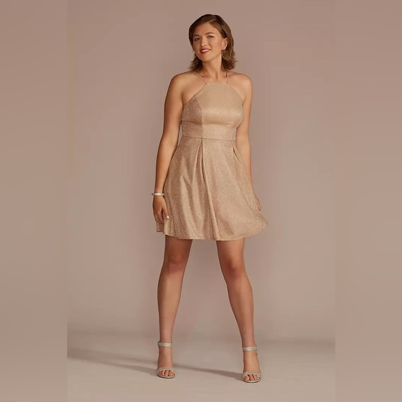 Jules & Cleo Glitter Gold High Neck Short A-Line Dress Size 10 Fit & Flare Mini - Picture 1 of 9